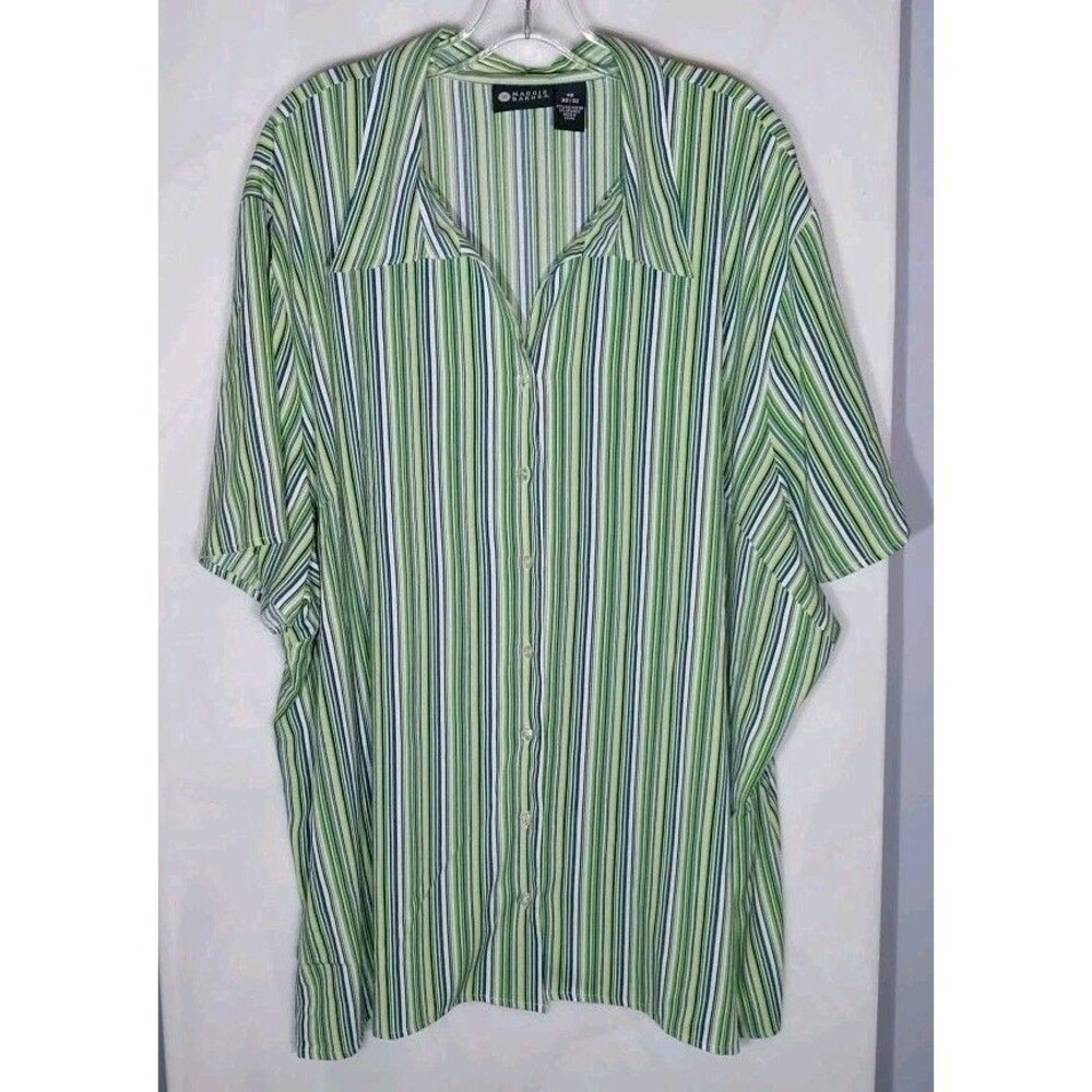 Maggie Barnes Blouse Women’s 4X Green Vertical Stripe Button Up Tunic Oversized